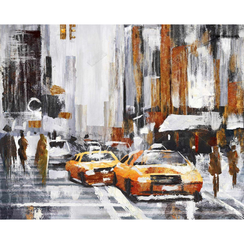 Abstract City Street with Yellow Taxis - Gray Framed Canvas