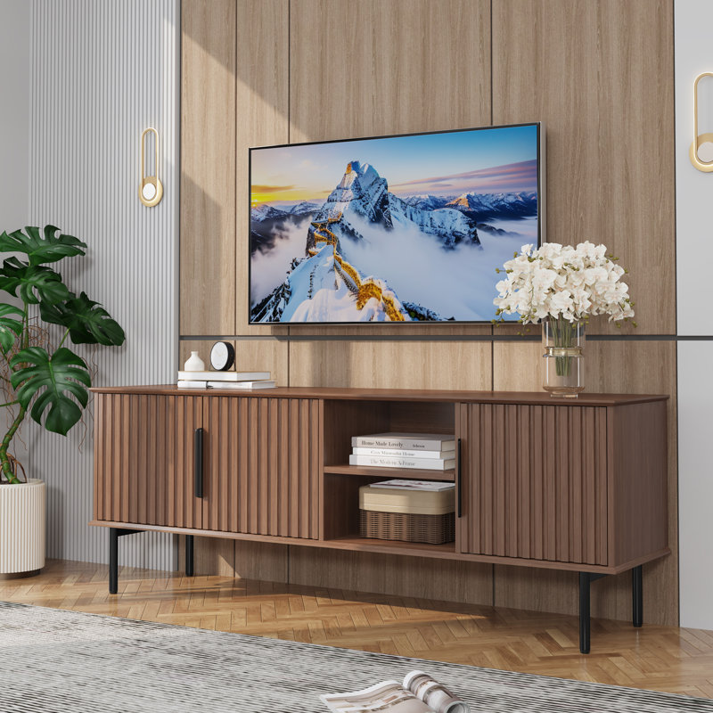 Meuble télé moderne avec portes rainurées pour téléviseur de 75 po, Brun