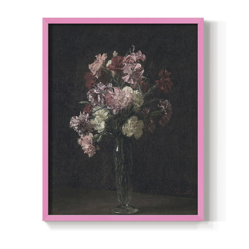 Reproduction florale vintage encadrée XC III - bois massif, Rose, H 21 po x l 17 po