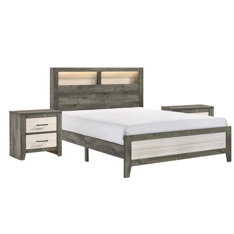 1pc Queen Size Platform Storage Bed Low-profile Plank-style Headboard Built-in Lighting Modern Farmhouse Style Grey Beige