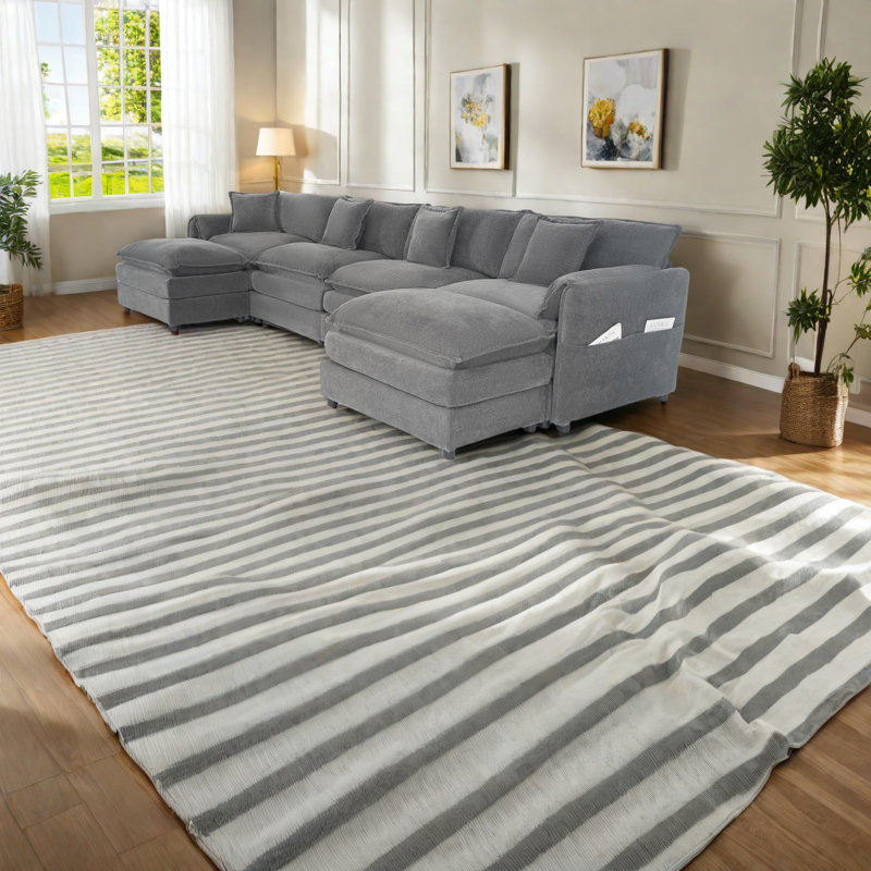 Canapé modulaire en U en tissu d'ameublement en chenille gris spacieux pour modulaires