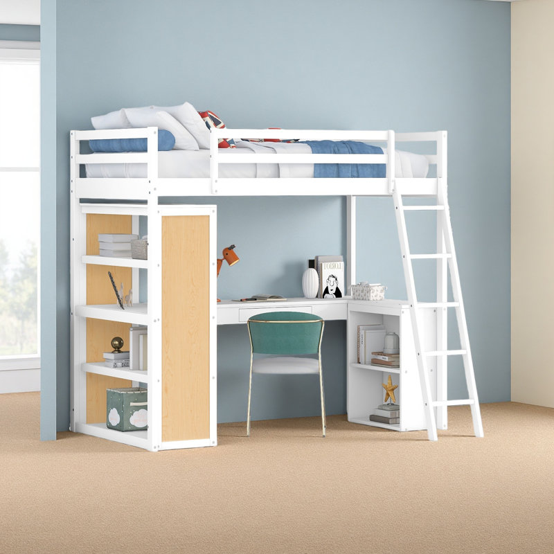 Lit mezzanine simple avec échelle, tablettes et bureau