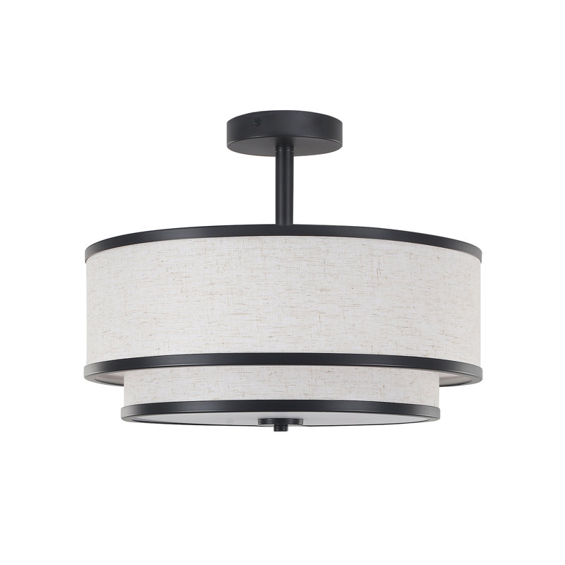 Matte Black Double Drum Semi Flush Mount Ceiling Light with Fabric Shade