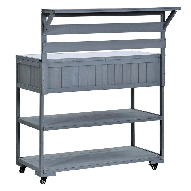 Chariot de cuisine en bois massif avec plateau en acier inoxydable de 2,3 po pour îlot de cuisine, Gris