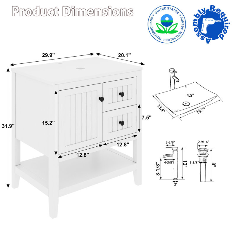 Sharee 30" Single Bathroom Vanity Set With Vessel Sink, Faucet And Drain, Assembly Required, White