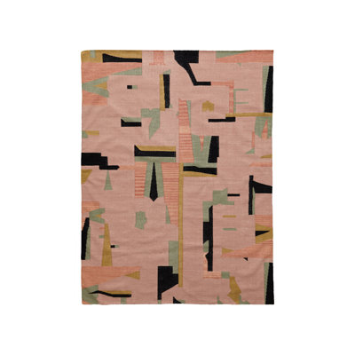 Abstract Flatweave Rectangle 8' x 10' Wool Area Rug in Black/Pink