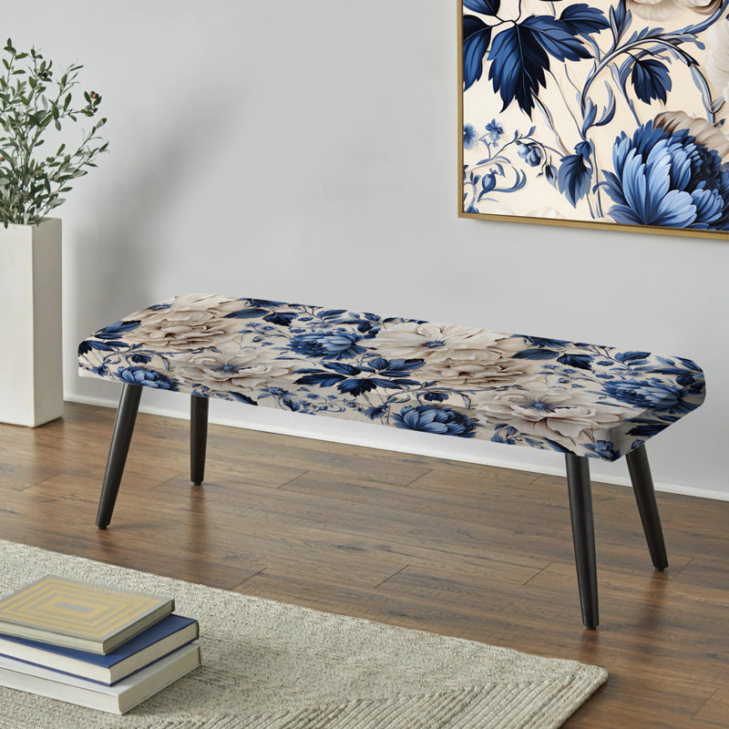 Banc bleu rembourré à motif floral victorien bleu Renaissance IV