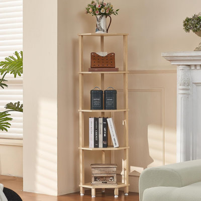 Étagère d'angle à 5 niveaux, naturel | Bibliothèque d'angle en bois pour petits espaces, tablette d'angle avec base robuste à 5 pieds pour la salle de bain