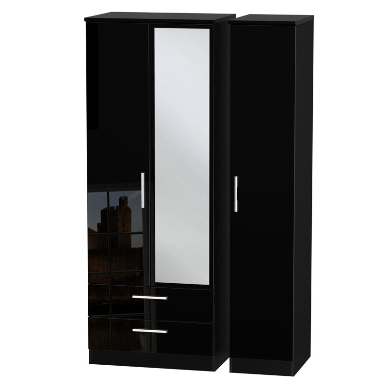 Yvette 3 Door Manufactured Wood Wardrobe, 182.5 cm H x 111 cm W x 53 cm D, Black