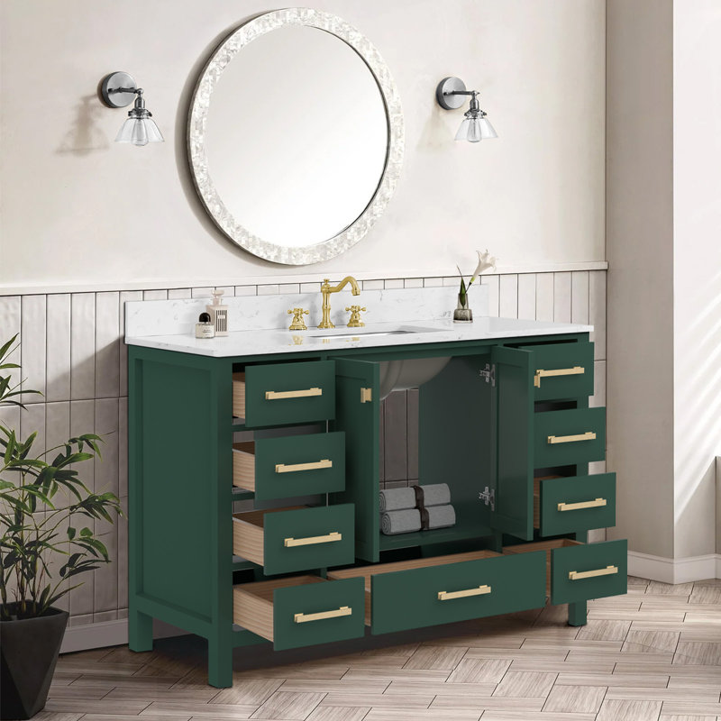 Meuble-lavabo pour salle de bain, meuble-lavabo autoportant avec plateau, armoire de rangement pour salle de bain en bois massif vert