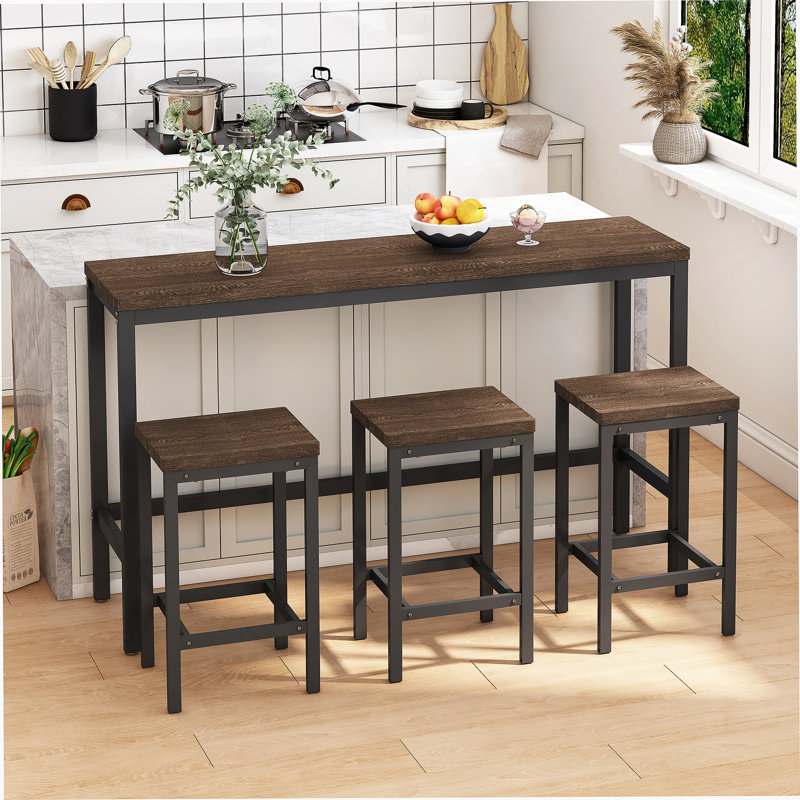 3 - Person Four Leg Dining Set, Dark Brown, Dark Brown/Black