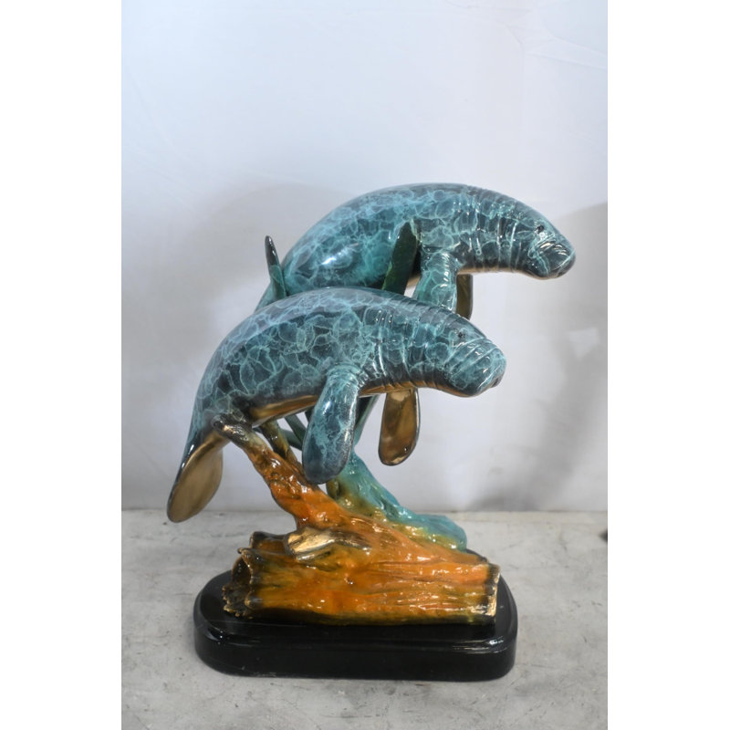 Sculpture en bronze à deux bases en marbre Ocean Life 15 po x 11 po x H 12 po