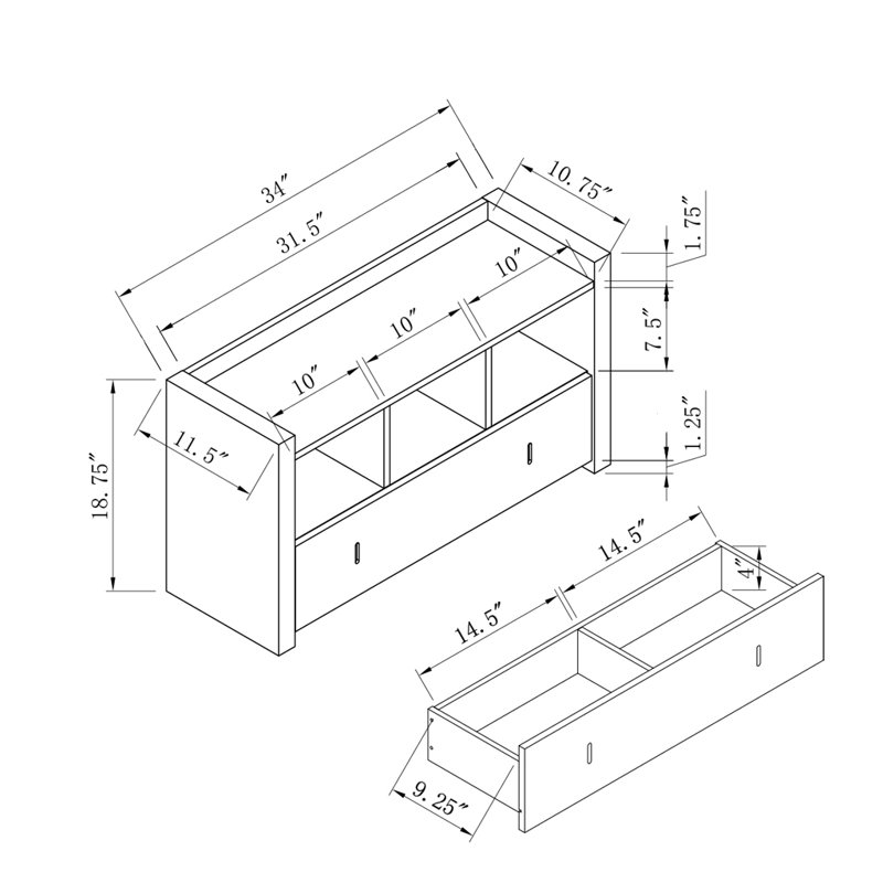 Hitchcock Storage Bench with Three Shelves and Storage Drawer, Espresso
