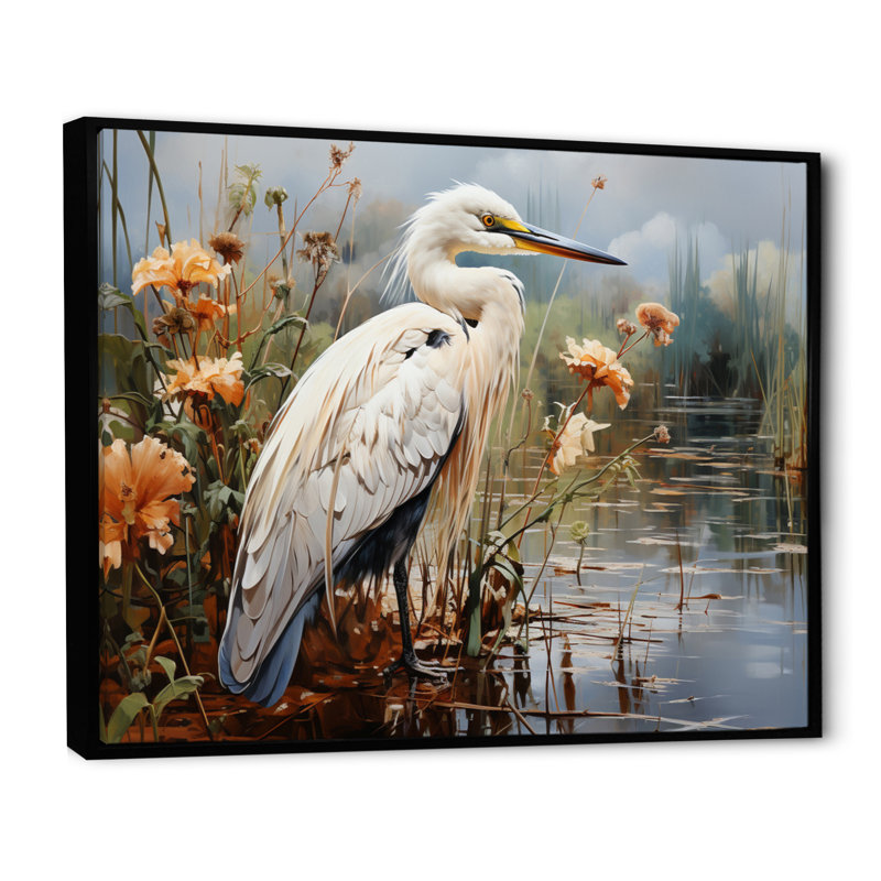 Héron pêche blanc, héron, art mural, Cadre flottant noir, H 34 po x l 44 po x P 1,5 po