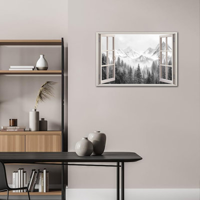 Grande fenêtre hivernale, art mural sur toile, paysage de montagne, reproduction d'art prête à accrocher, affiche de toile encadrée pour salon, chambre à coucher, bureau, 28 po