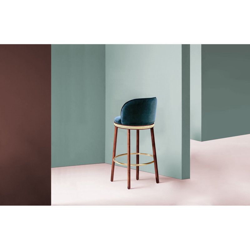 Alma Upholstered Stool with Solid Wood Frame, Bar Stool (30" Seat Height), Satin Brass, Mediterranee