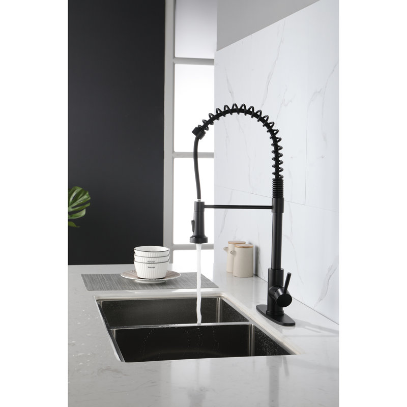 Robinet de cuisine à ressort - Acier inoxydable, noir mat, monotrou, douchette extractible pour une utilisation pratique en acier, buse pivotante à 360 °, contrôle du débit d'eau