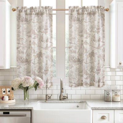 Kitchen Curtains Toile Tier Linen Short Curtains Cafe for Living Room Bathroom Farmhouse French Country Vintage Printed Pattern Rod Pocket 2 Panels