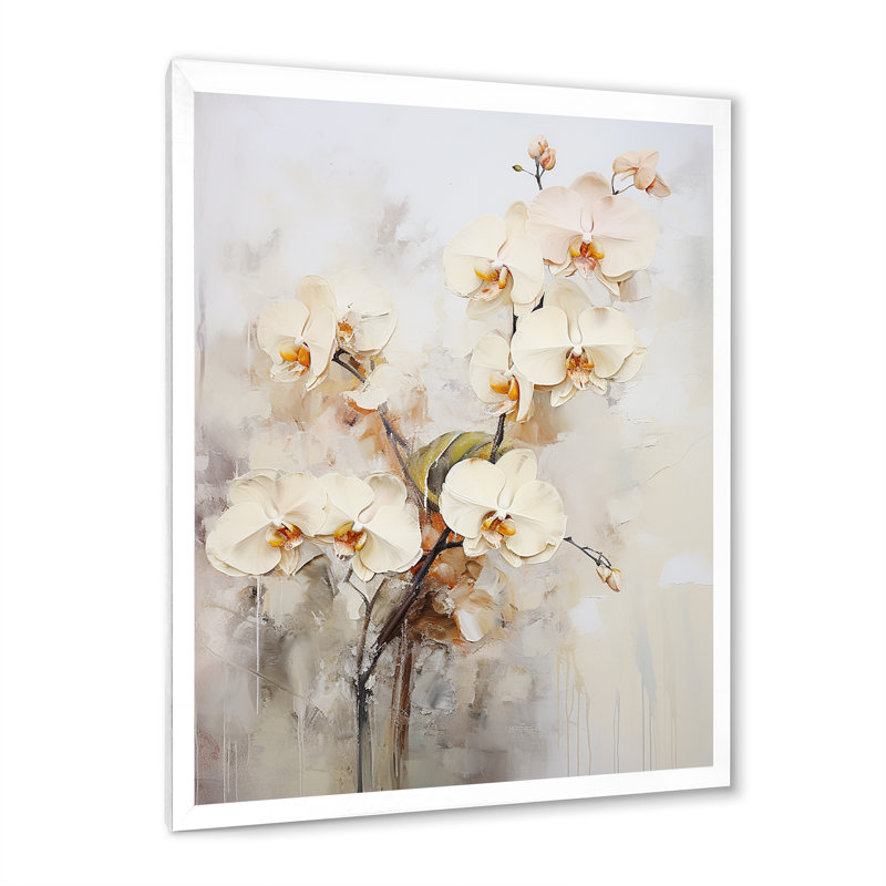 Orchidée beige et dorée en fleurs I, Cadre simple blanc, H 44 po x l 34 po x P 1,5 po