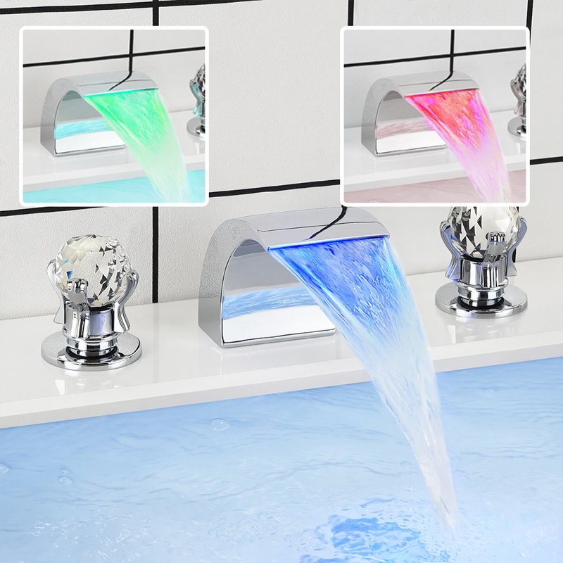 Robinet de lavabo de salle de bain lumineux à DEL, mélangeur chromé à cascade avec poignées en cristal Mosson, Chrome chrome