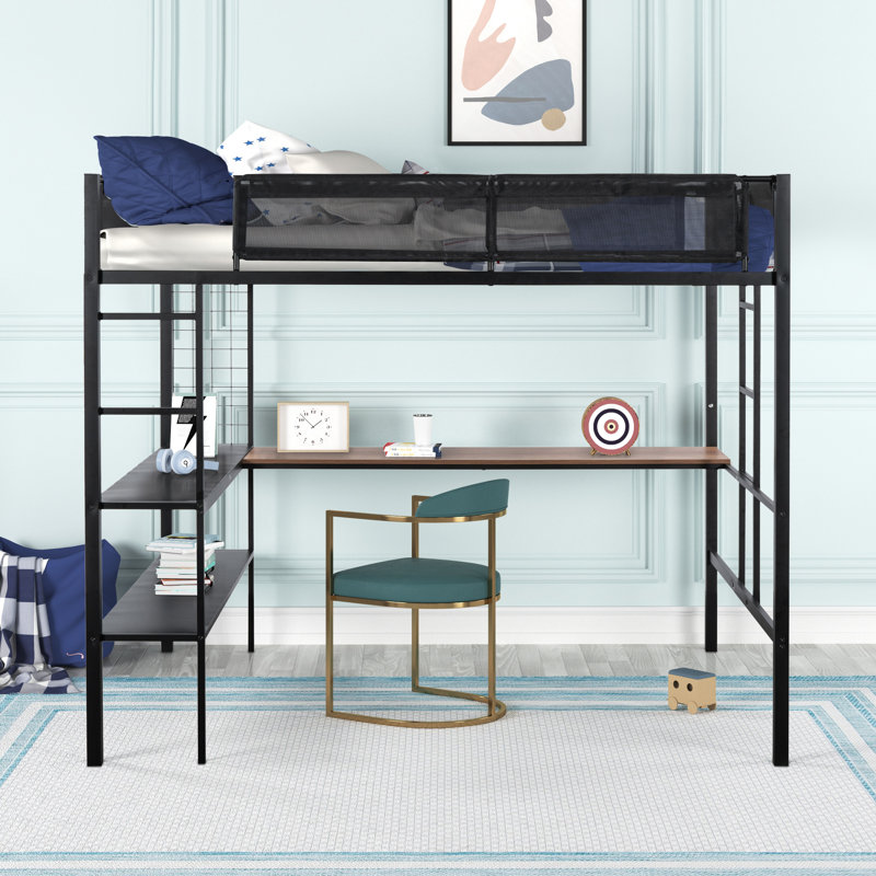 Lit mezzanine double en métal avec bureau intégré, tablettes à 2 niveaux et panneau grillagé, structure robuste, lattes en bois sans bruit, garde-corps en textilène, échelles latérales doubles