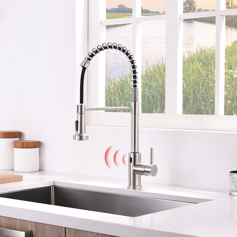 Motion Sensor Activated Kitchen Faucet, Brushed Nickel, Contemporary Temptation, Single Handle, Ceramic Filler, Brass Hands Lure, Sensor,