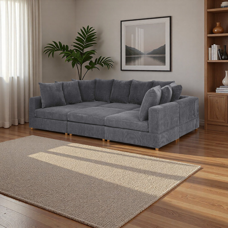 6 - Piece Modular Corduroy Sectional, Gray Corduroy