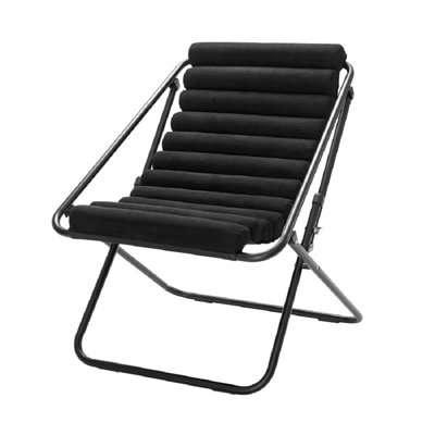 Vegan Leather Ribbed Folding Sling Lounge Chair With Metal Frame