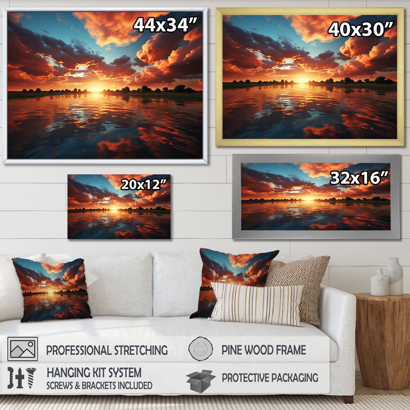 Rose et orange côtier, ciel III - art mural ciel, H 34 po x l 44 po x P 1,5 po, Cadre doré à coins fermés