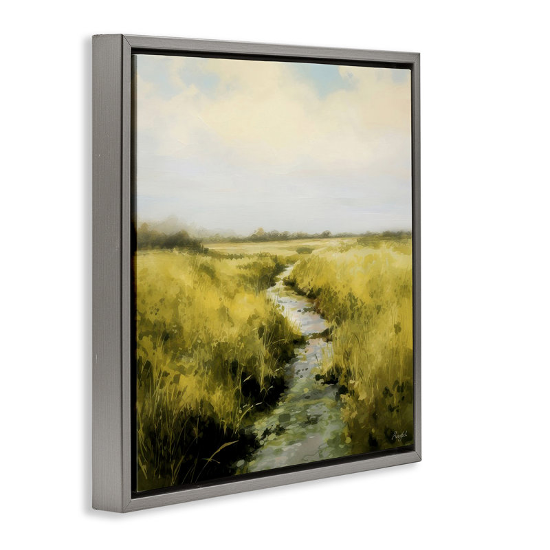«Calming Horizon Stream», art mural encadré par Roozbeh Bahramali, H 18 po x l 18 po, Cadre flottant noir de jais