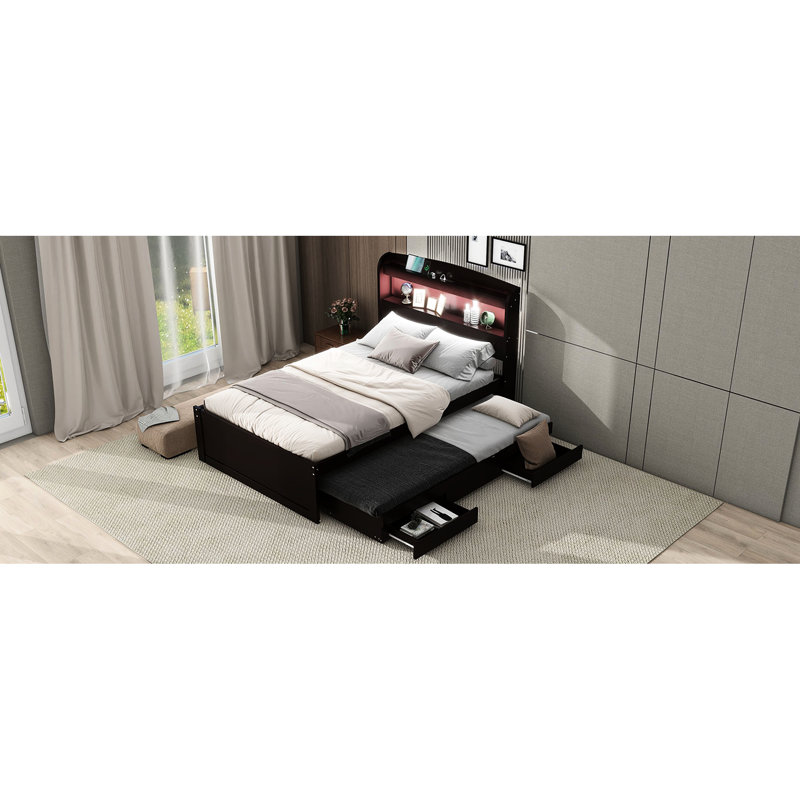 Lit plateforme simple TG avec rangement, tête de lit à DEL et de charge, lit gigogne, 2 tiroirs, multiple brun foncé