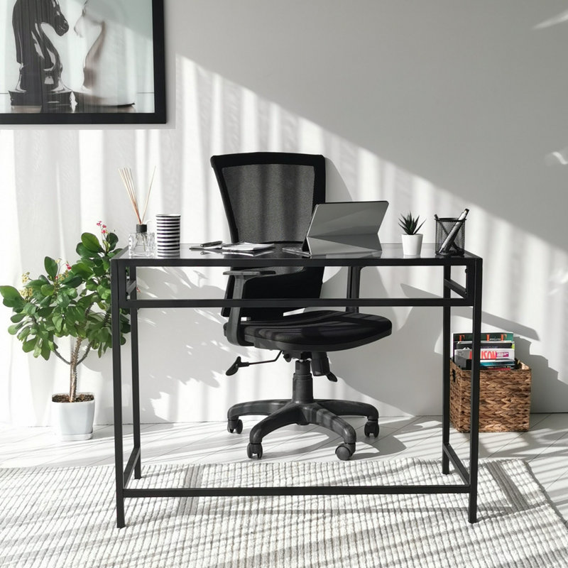 Bureau d'étude moderne avec plateau en verre trempé, 39,4 po x 29,5 po x 17,7 po | Verre épais de 4 mm, cadre 100% métal | Fixation murale, couleur noir et fumée | Design industriel pour bureau à domicile élégant et espaces étudiants
