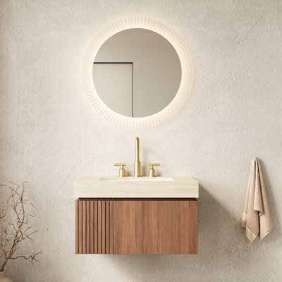 Meuble-lavabo de salle de bain flottant en contreplaqué 30 po, comptoir en pierre frittée, lavabo en céramique, 3 trous de robinet pré-percés, assemblé, chêne brun, meuble-lavabo à structure, armoire avec porte de tiroir, comptoir, eau