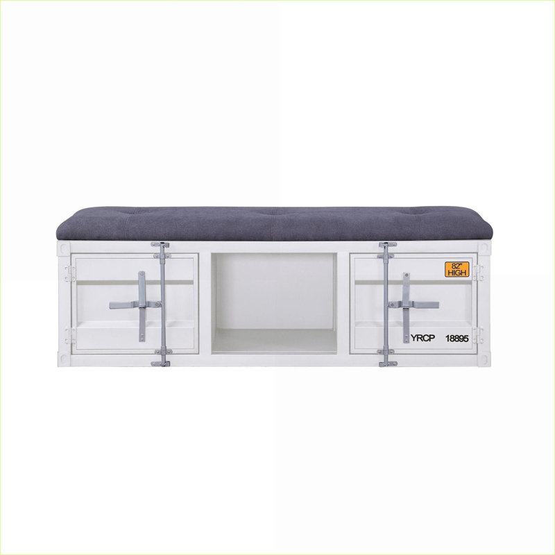 Banc de rangement FlowLuxe Cargo en tissu gris et blanc, banc rembourré industriel moderne avec rangement pour vestibule
