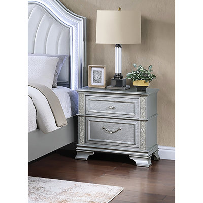 Table de chevet contemporaine à 2 tiroirs gris avec tiroir orné de cristaux élégants et accents scintillants, table de chevet moderne avec poignée à bille, armoire pour la décoration