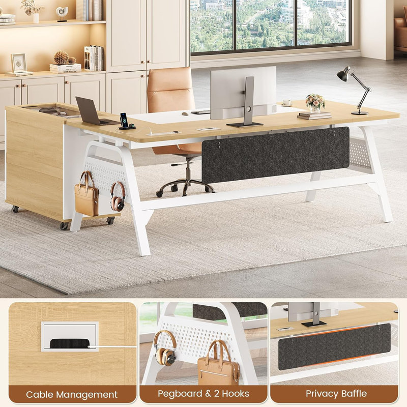 Redus L-Shaped 3-Drawer Executive Desk, Oak/White