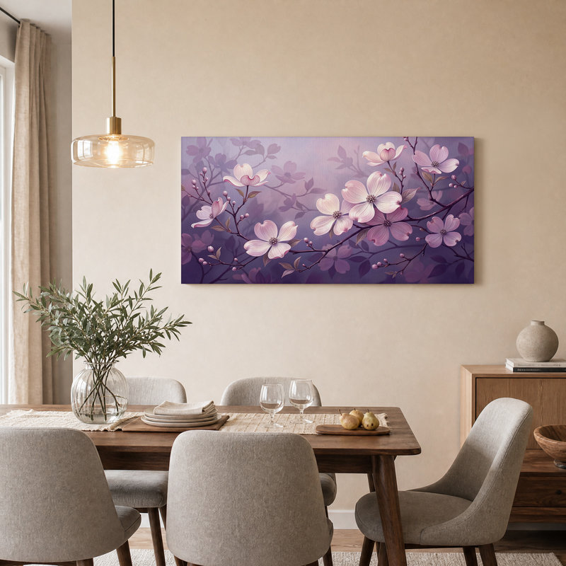 Toile de fond rose avec fleurs de cornouiller sur fond lavande, L 58 po x H 28 po