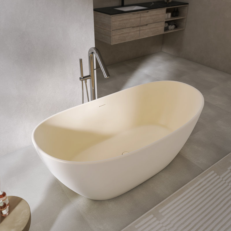 61" / 65" Solid Surface Freestanding Bathtub Double Slipper Deep Soaking Tub with 17.7" Soaking Depth, Overflow and Pop-Up Drain, 4 Colours Option