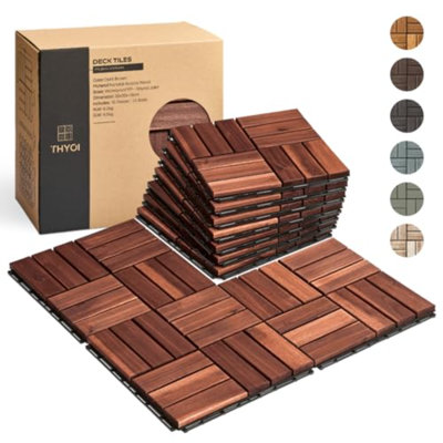 Carreaux de terrasse, plancher de patio - carreaux de bois d'extérieur imperméables en bois d'acacia pour toutes les conditions météorologiques - balcon, cour, intérieur et extérieur (motif en croix noire, 10 pièces - 10 pieds carrés)