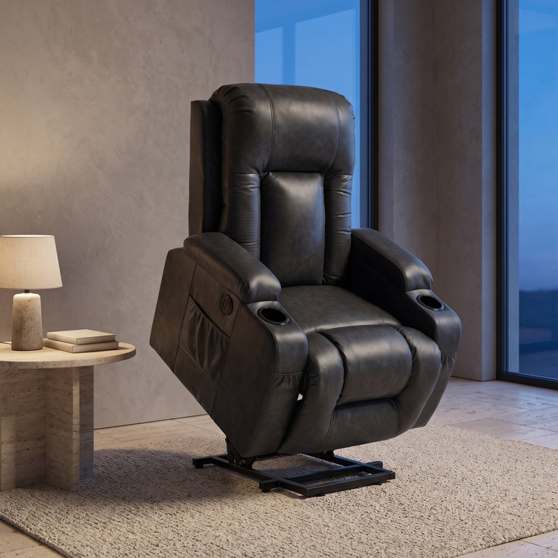 Fauteuil releveur électrique à positions infinies en similicuir gris foncé, supporte jusqu'à 159 kg, structure métallique robuste, massage par vibrations à 8 points, chauffage lombaire, port USB, porte-gobelets