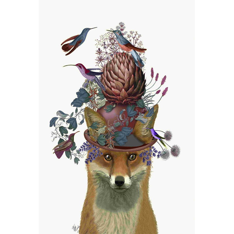 Renard avec oiseau et artichaut, L 32 po x H 48 po x P 1,25 po