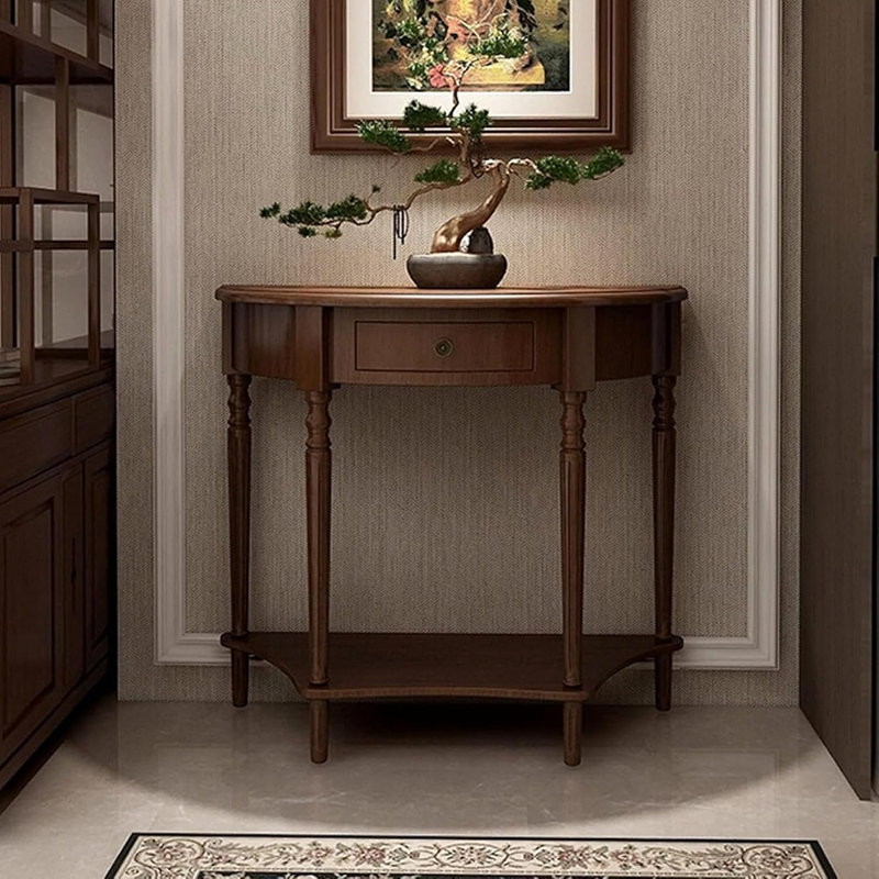 Console demi-lune en bois massif avec tiroir et tablette de rangement, style vintage, noyer