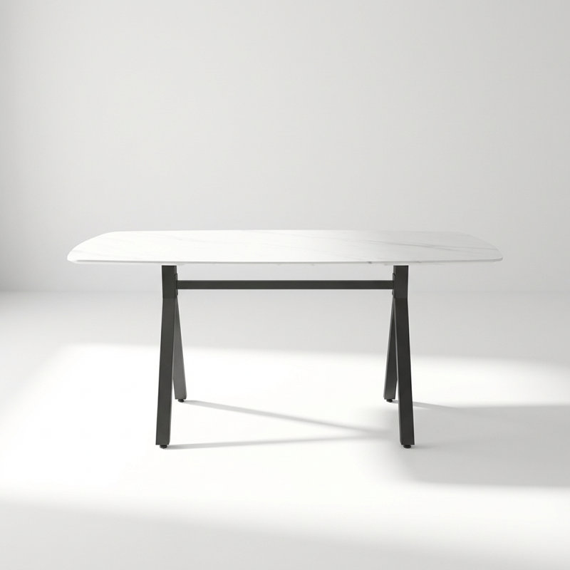 Rectangular Dining Table with Marble-Patterned Tempered Glass Top and Metal Legs