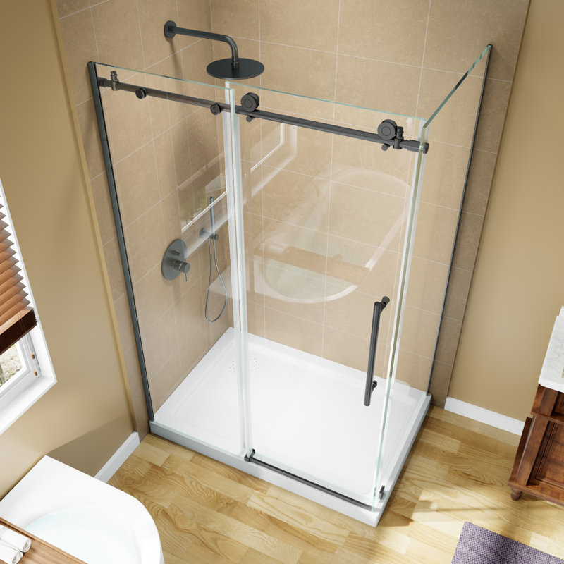 Cabine de douche de coin simple coulissante avec verre trempé l 48 po x P 31,6 po x H 72 po, Noir mat