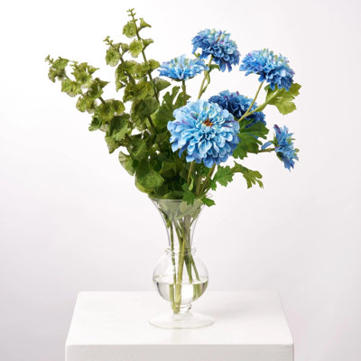 Lifelike Blue Ombre Zinnia Blooms & Green Bells of Ireland in Footed Vase Faux Flower Water Illusion Arrangement