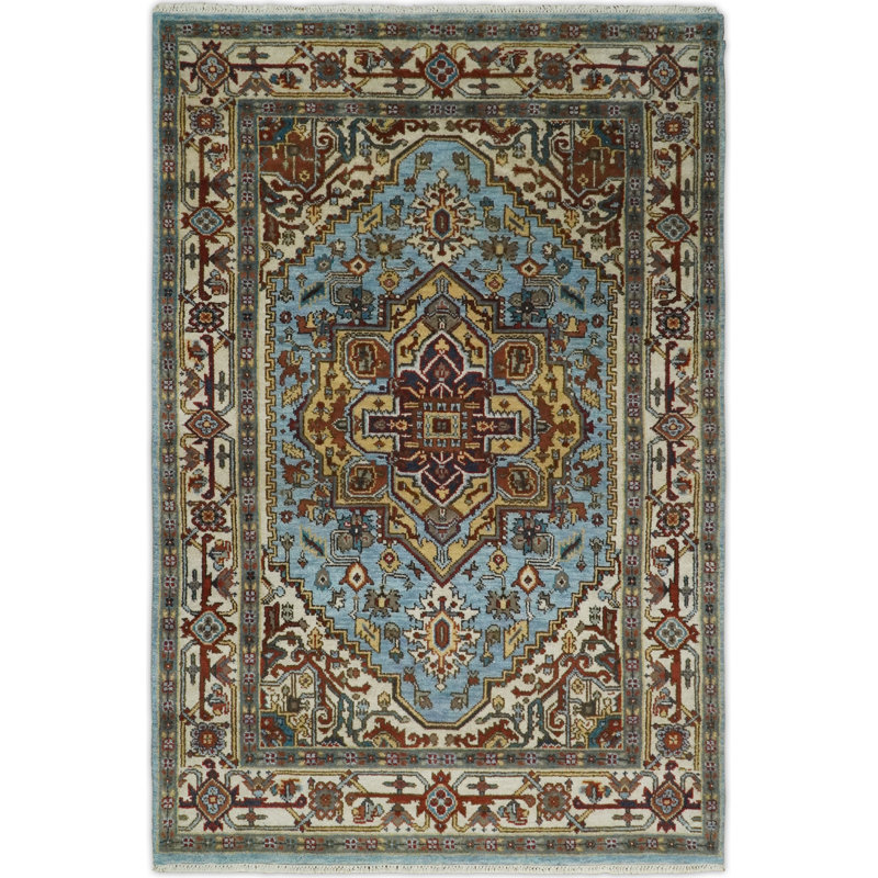 Tapis oriental en laine noué à la main bleu / ivoire / brun / beige Heriz