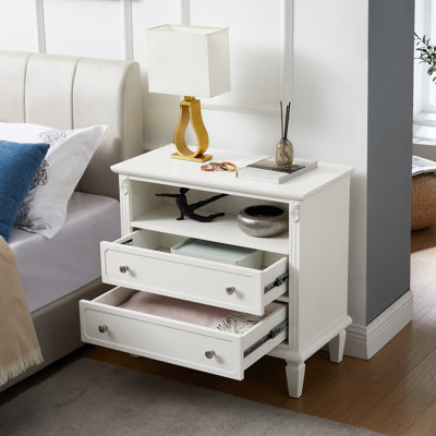 Commode Mid-Century moderne avec fonction de chargement: 2 tiroirs, tablette ouverte, ports, pieds en bois massif, pieds de table de chevet et table d'appoint