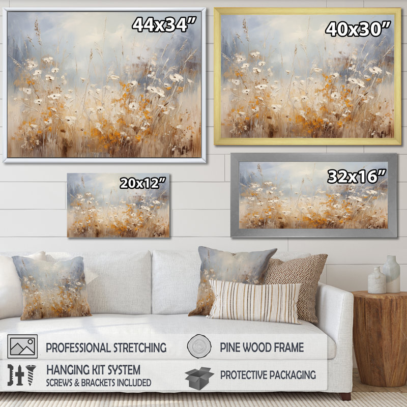 Beige et gris Meadows brise - art mural grand prairie, Cadre d'angle fermé blanc, H 20 po x l 12 po x P 1 po