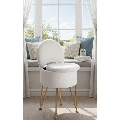 Tabouret de meuble-lavabo blanc pour la chambre à coucher, dossier pliant avec rangement, coussin en fausse peluche, pieds en métal antidérapants, taille adulte.