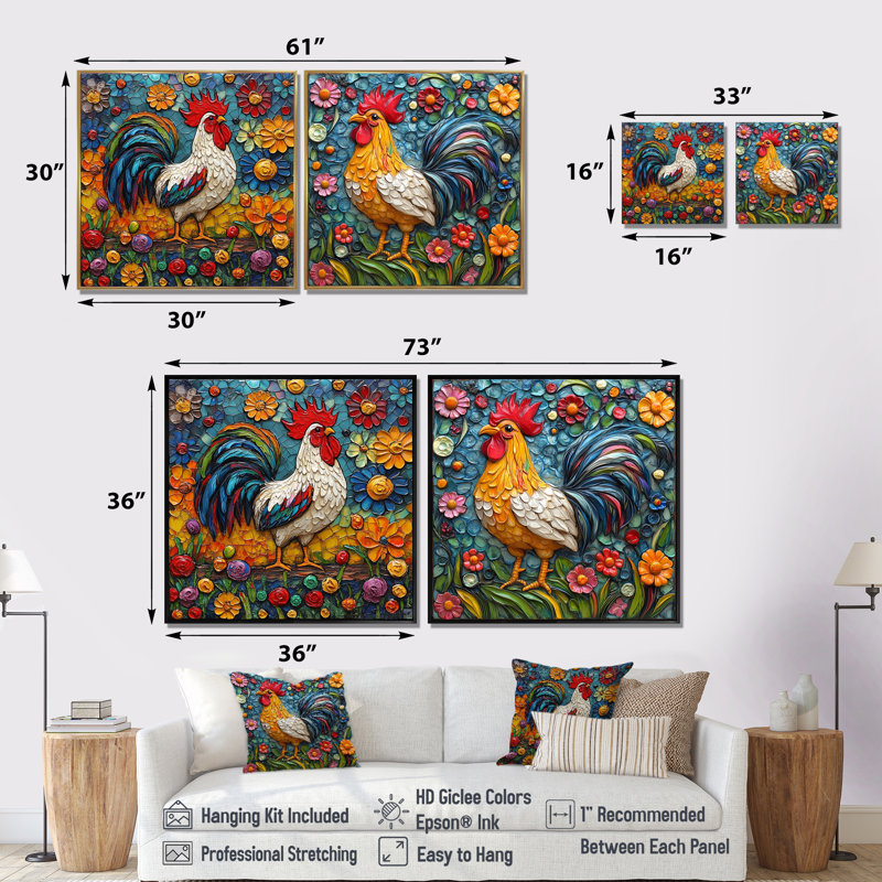 Coq coloré dans les champs de fleurs I - Art mural coq animal - Art mural moderne pour le salon 2 pièces, H 36 po x l 73 po